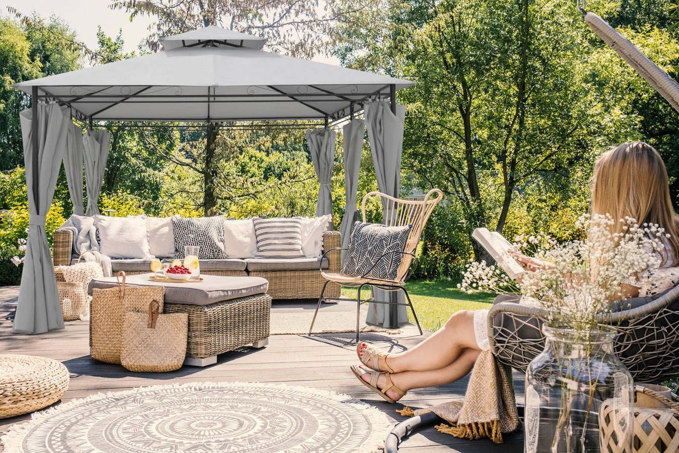 Intimo Garden Luxe Prieel Vernazza Grijs + LED - verlichting + Schaduwdoeken - TuinTrends