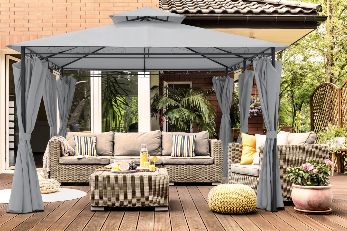 Intimo Garden Luxe Prieel Vernazza Grijs + LED - verlichting + Schaduwdoeken - TuinTrends